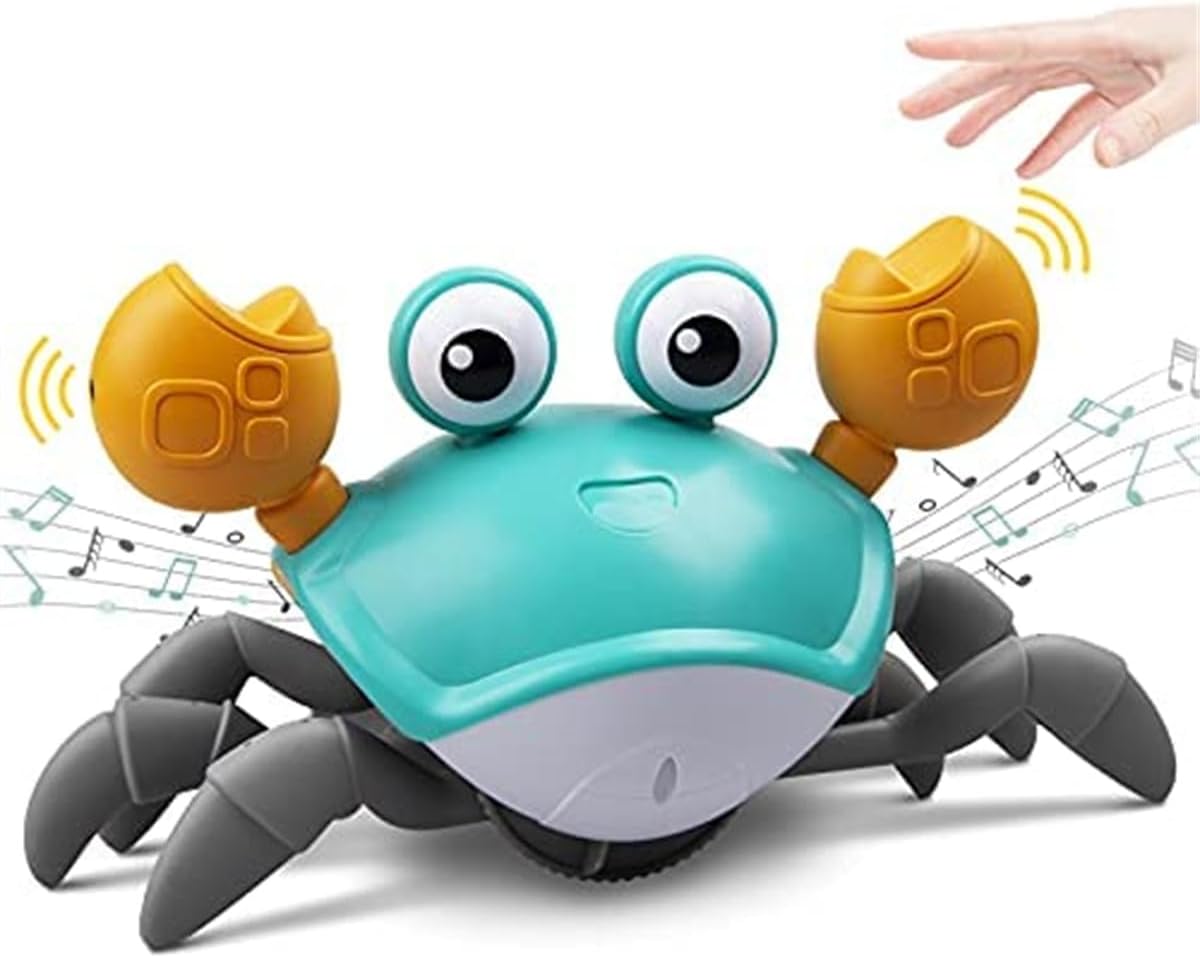 Crawling Crab Baby Toy with Music and LED Light up for Kids, Toddler Interactive Learning Development Toy with Automatically Avoid Obstacles, Build in Rechargeable Battery (Green)