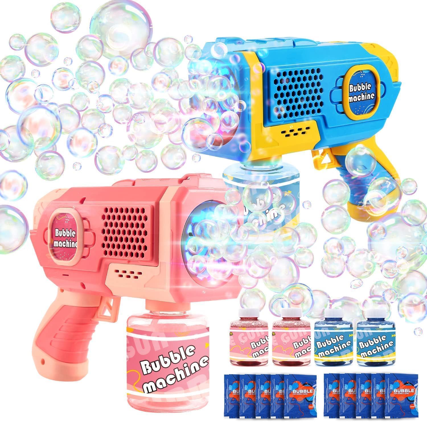 2 Pack Bubble Gun for Kids, Automatic Light up Bubble Gun with 4 Bottles 10 Bags Refill Solution, Bubble Gun Blaster for Toddlers, Outdoor Toys Gifts, Wedding Easter Party Favor