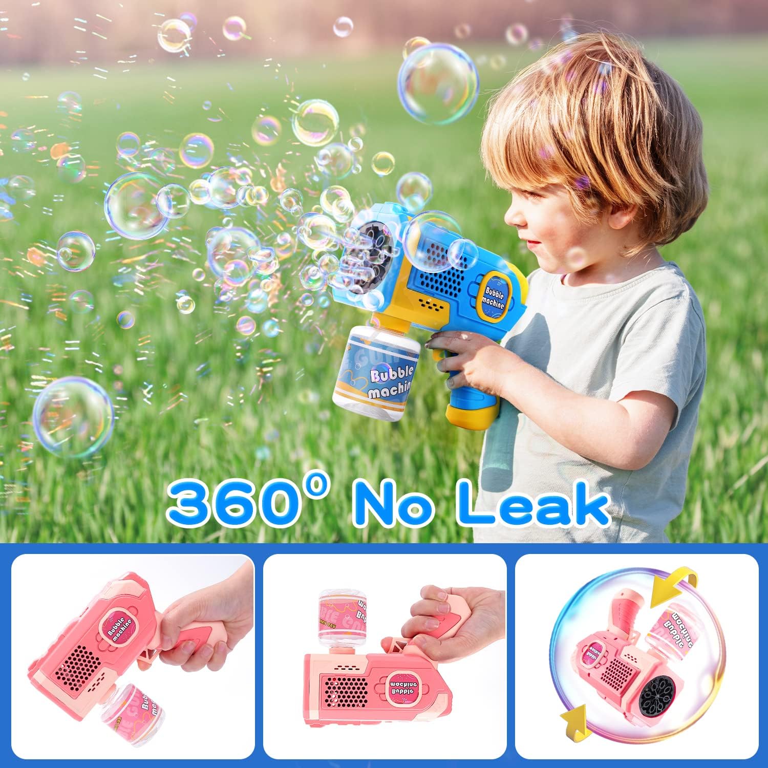 2 Pack Bubble Gun for Kids, Automatic Light up Bubble Gun with 4 Bottles 10 Bags Refill Solution, Bubble Gun Blaster for Toddlers, Outdoor Toys Gifts, Wedding Easter Party Favor