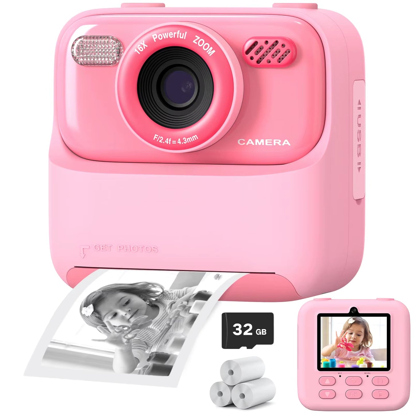 Kids Camera Instant 1080P HD Dual Lens Selfie Digital Camera with 32G Print