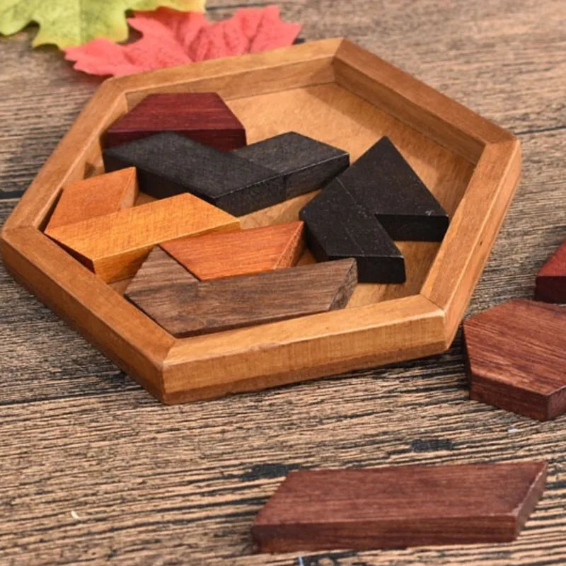 Hexagonal Wooden Puzzles IQ Game Tangram Board 