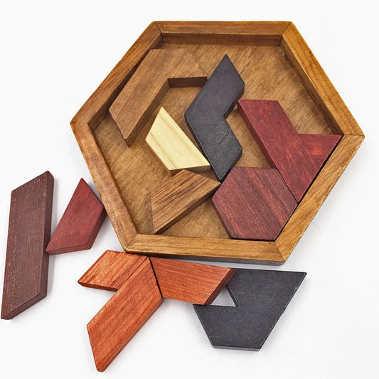 Hexagonal Wooden Puzzles IQ Game Tangram Board 