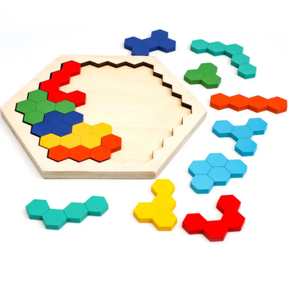 Hexagonal Wooden Puzzles IQ Game Tangram Board 