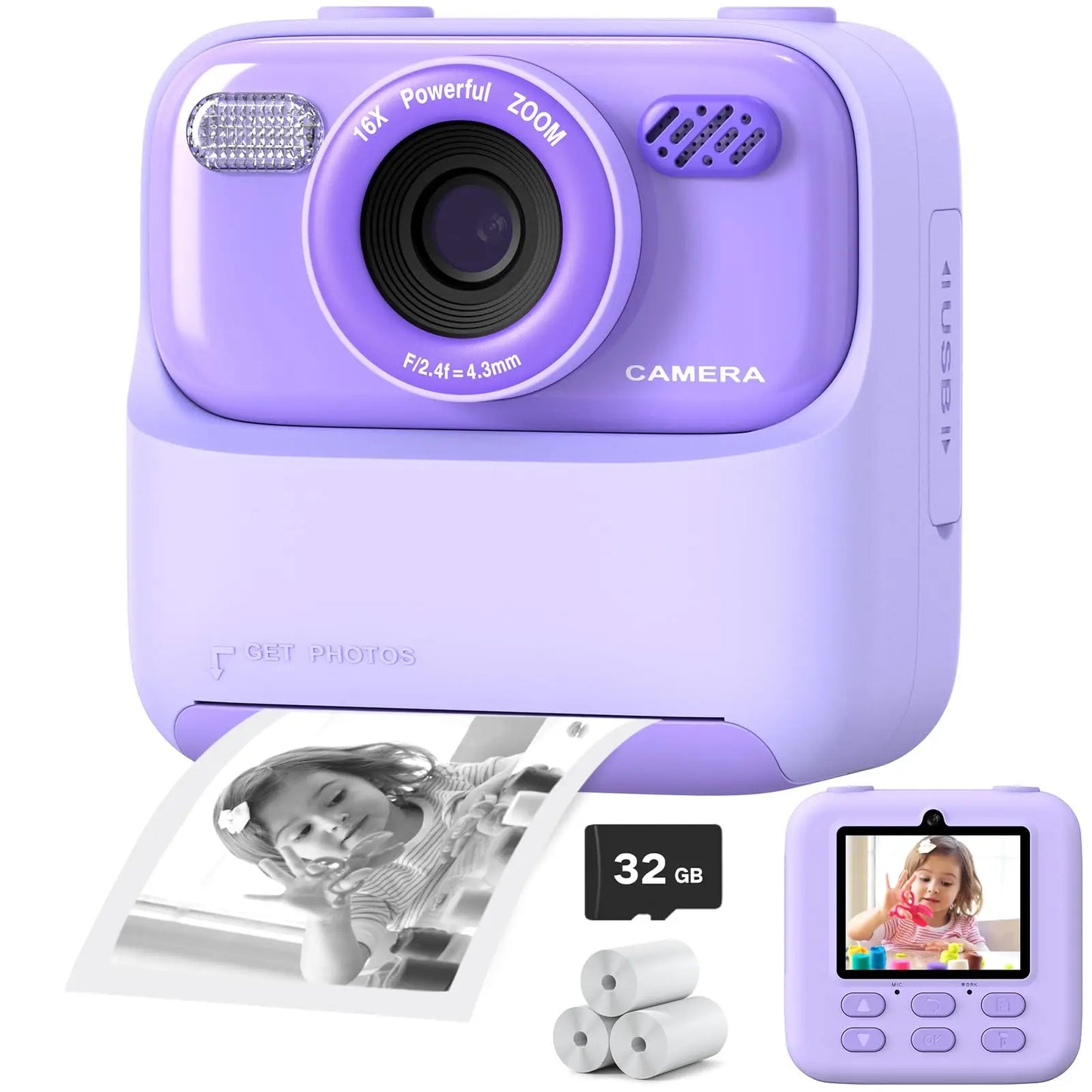 Kids Camera Instant 1080P HD Dual Lens Selfie Digital Camera with 32G Print