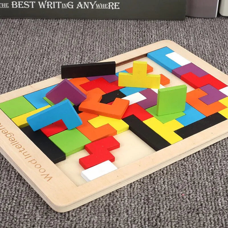 Wooden Blocks Puzzle Brain Teasers Toy Tangram Jigsaw Intelligence Colorful 3D Russian Blocks 