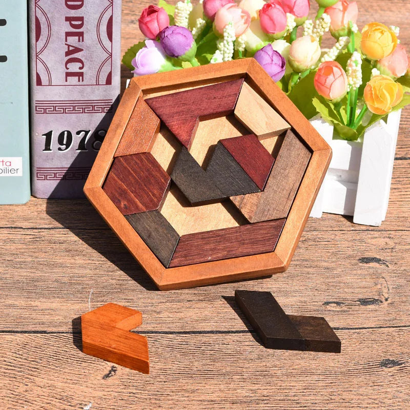 Hexagonal Wooden Puzzles IQ Game Tangram Board 