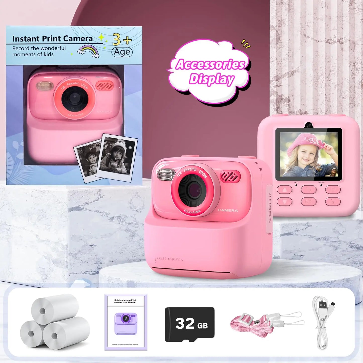 Kids Camera Instant 1080P HD Dual Lens Selfie Digital Camera with 32G Print