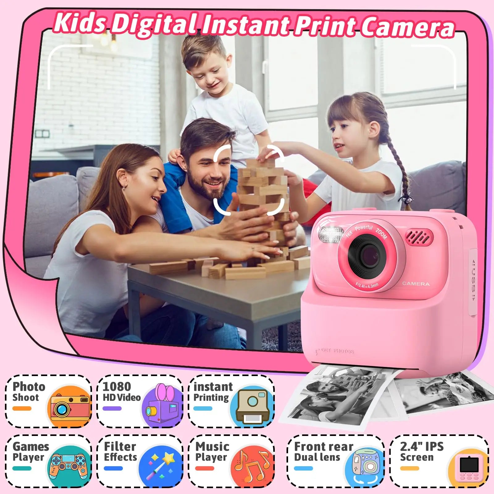 Kids Camera Instant 1080P HD Dual Lens Selfie Digital Camera with 32G Print