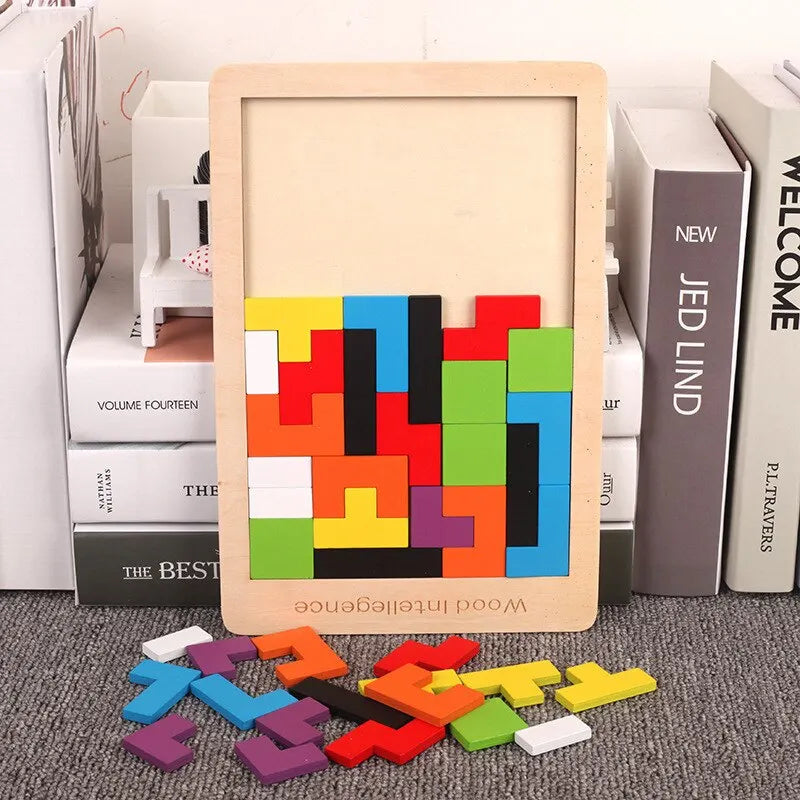 Wooden Blocks Puzzle Brain Teasers Toy Tangram Jigsaw Intelligence Colorful 3D Russian Blocks 